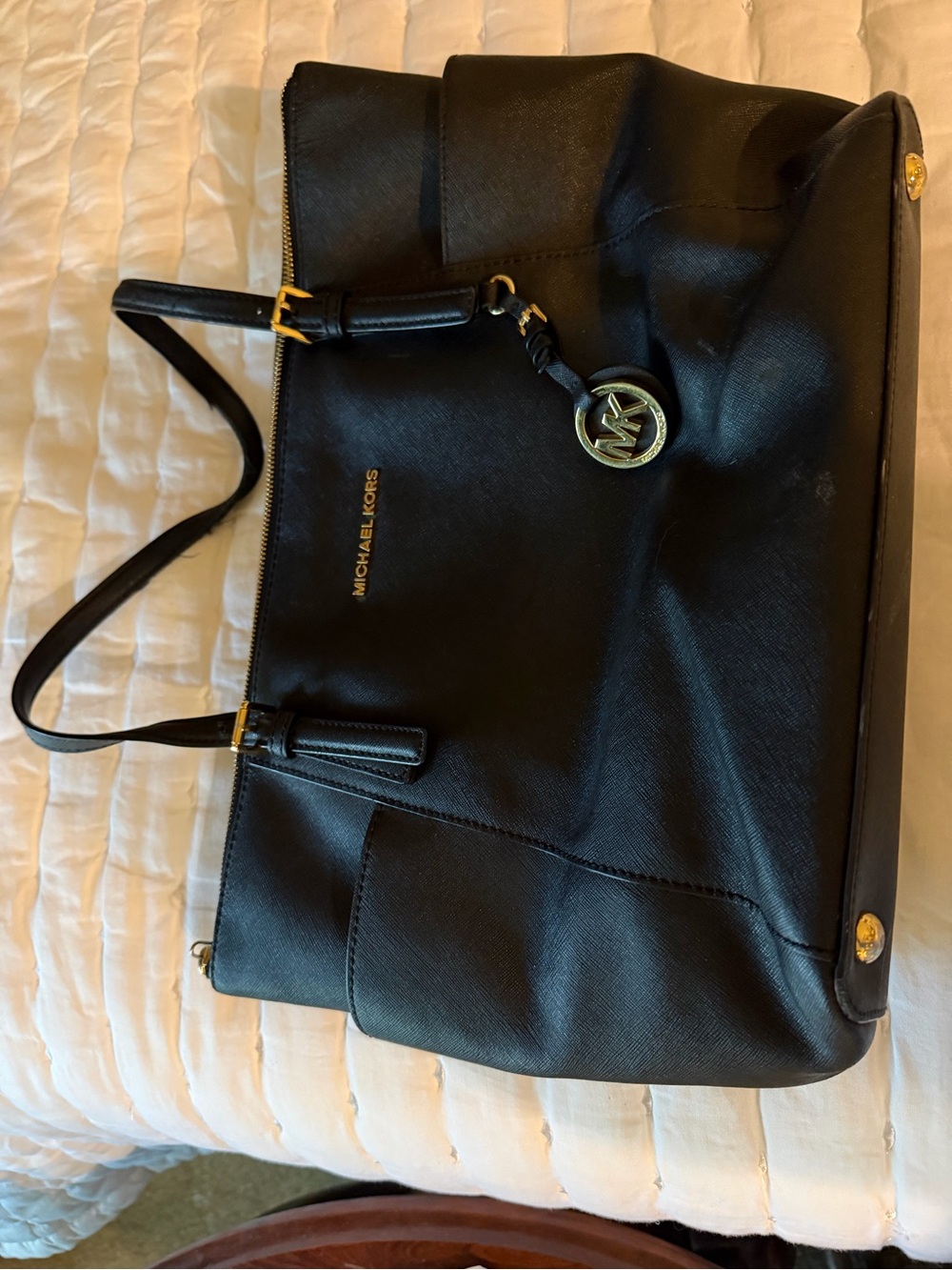 Michael Kors Black Leather Tote with Gold Accent Charm